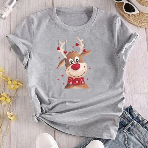 Fashion Elk Polyester Round Neck Short Sleeve Regular Sleeve Printing T-shirt