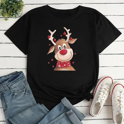 Fashion Elk Polyester Round Neck Short Sleeve Regular Sleeve Printing T-shirt