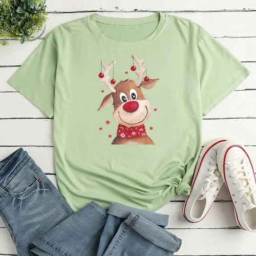 Fashion Elk Polyester Round Neck Short Sleeve Regular Sleeve Printing T-shirt