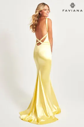 Faviana style 11052 Deep Crossover Back Satin Maxi Dress With V-Neck