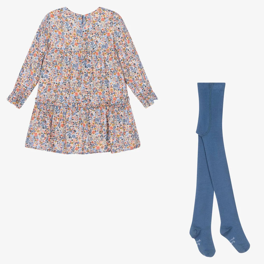 Girls Blue Viscose Dress & Tights Set