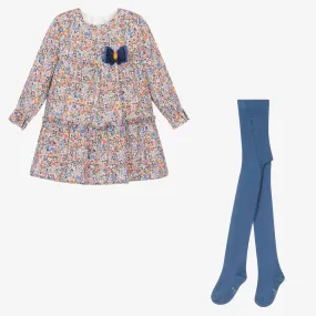 Girls Blue Viscose Dress & Tights Set