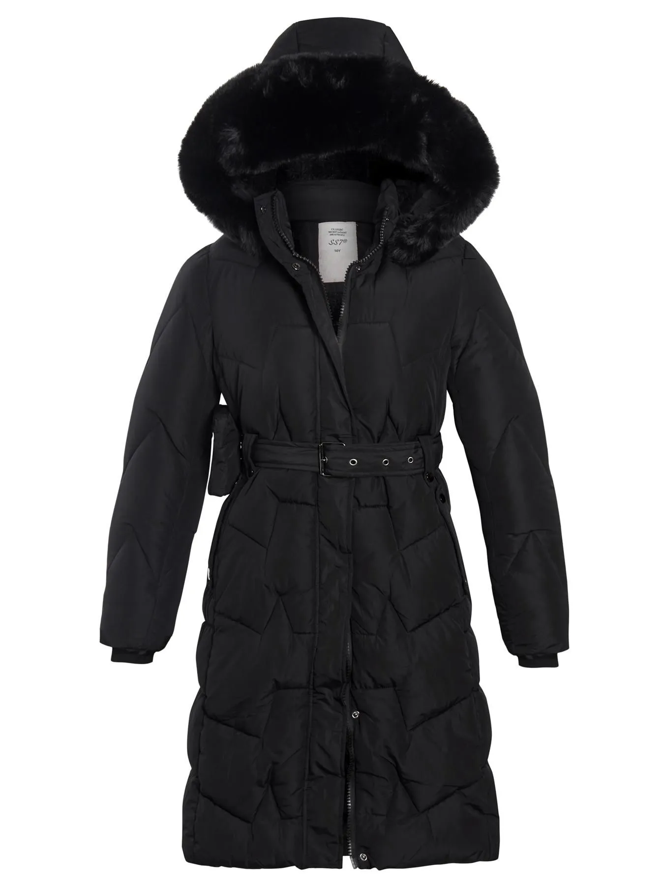 Girls Longline Padded Fleece Lined Coat, Black, Beige, Ages 3 to 14 Years