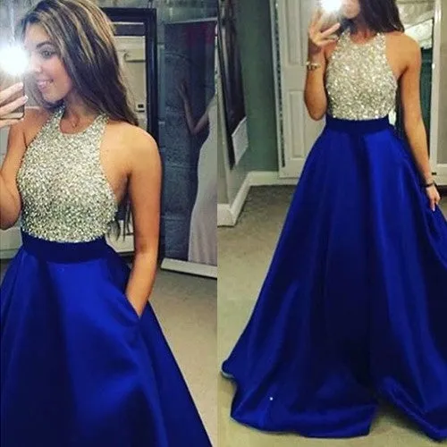 Graduacion Halter Royal Blue Bead Formal Dress with Pockets