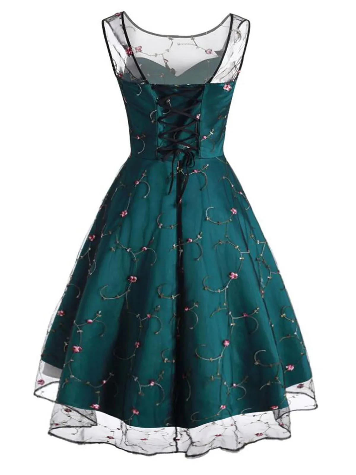 Green 1950s Mesh Hi-Lo Back Lace Up Dress