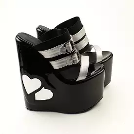 Heart Shaped Black Silver Peep Toe High Heel Wedge Mules