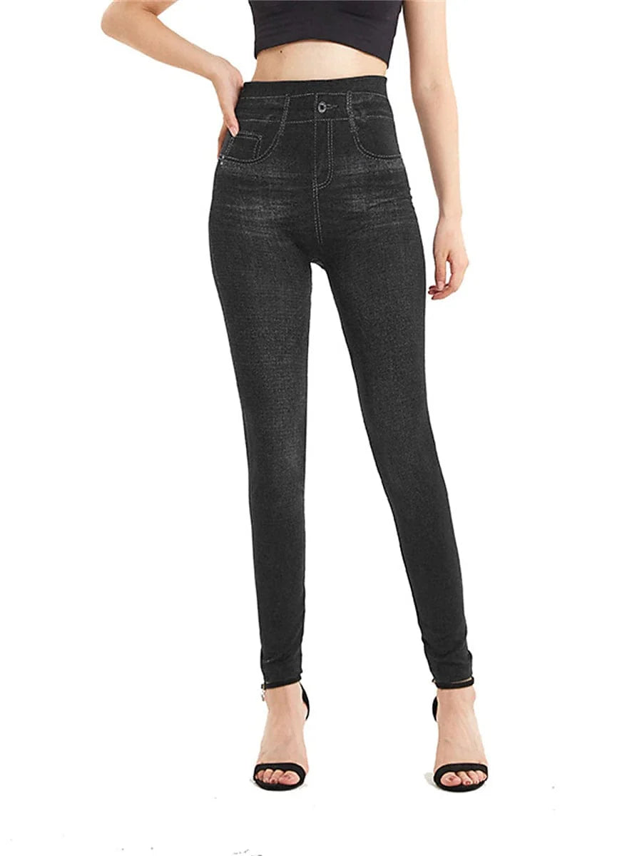 High Waisted Faux Denim Jeggings for Women with Pockets