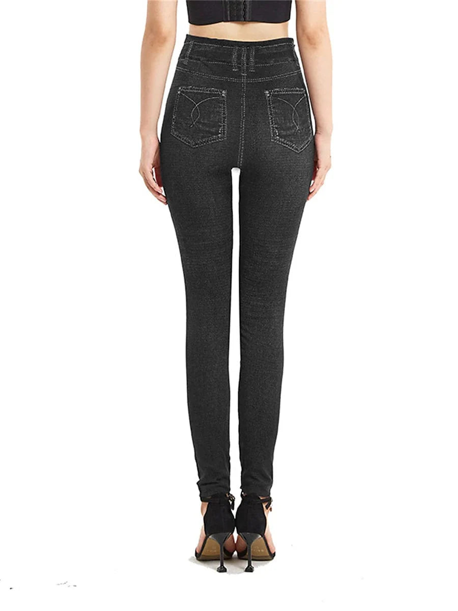 High Waisted Faux Denim Jeggings for Women with Pockets