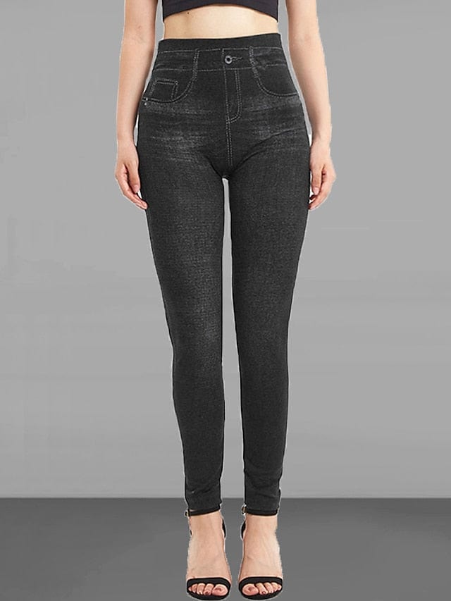 High Waisted Faux Denim Jeggings for Women with Pockets