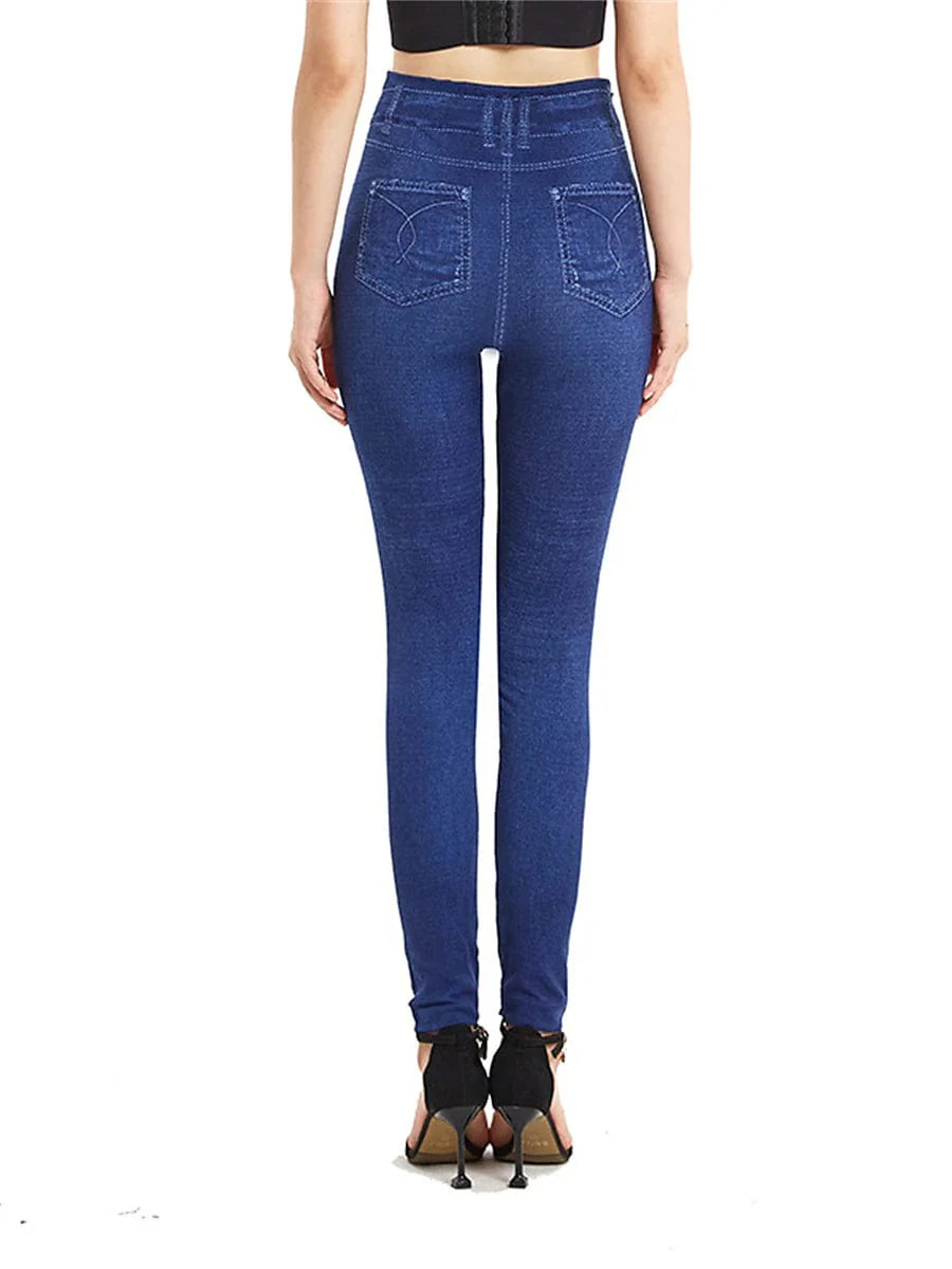 High Waisted Faux Denim Jeggings for Women with Pockets