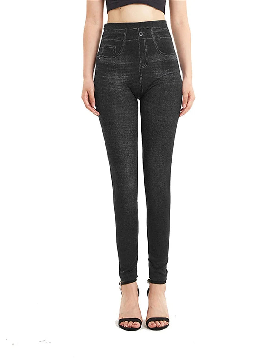 High Waisted Faux Denim Jeggings for Women with Pockets