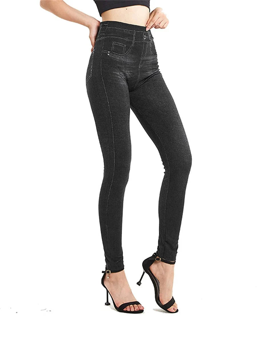 High Waisted Faux Denim Jeggings for Women with Pockets