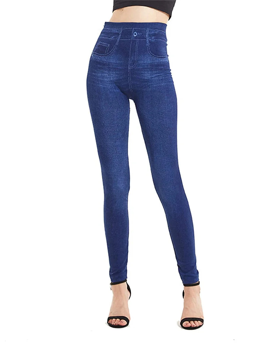 High Waisted Faux Denim Jeggings for Women with Pockets