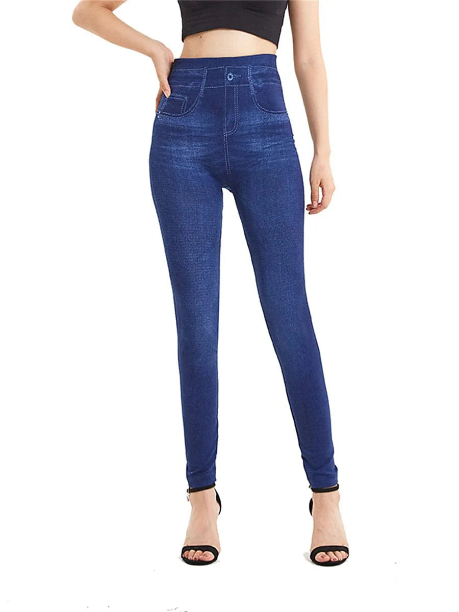 High Waisted Faux Denim Jeggings for Women with Pockets