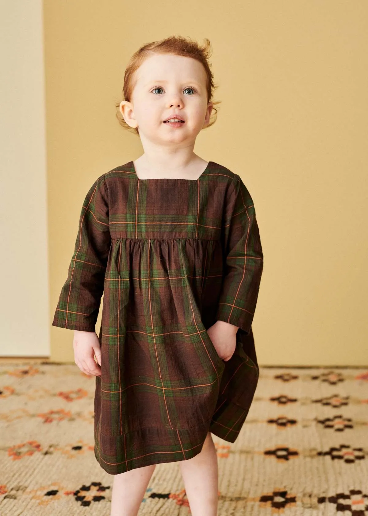 Kids Caramel EARTH BABY DRESS - BROWN/GREEN TARTAN