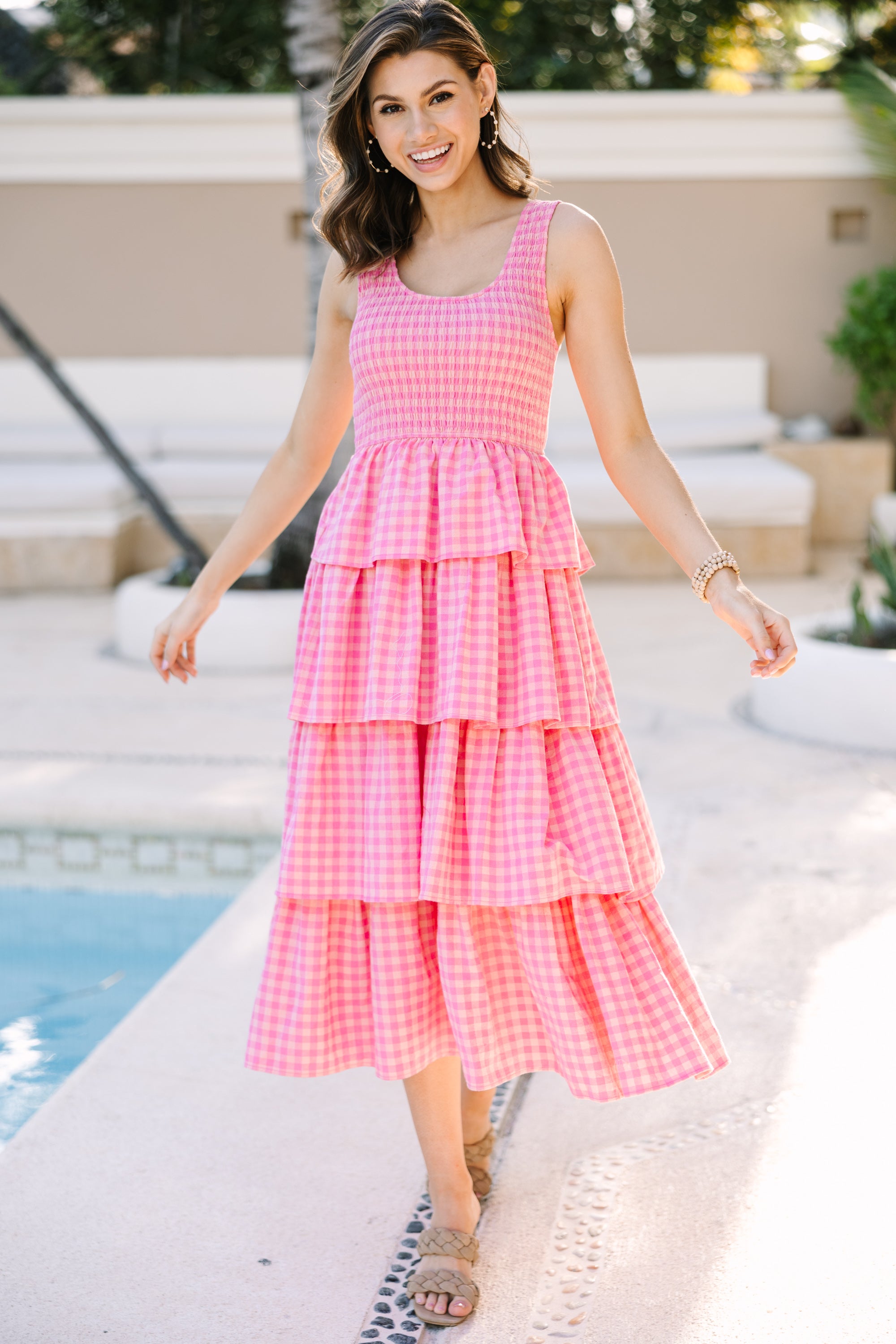 Look Your Way Pink Gingham Midi Dress