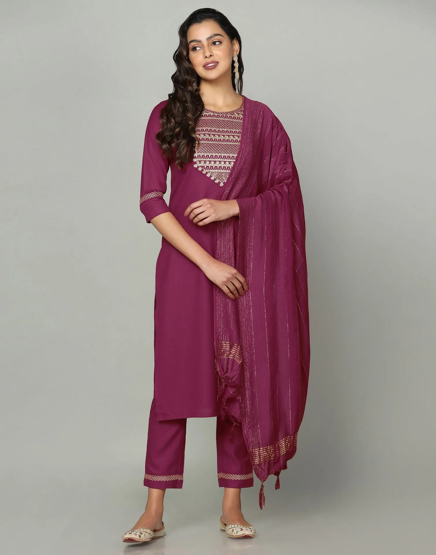 Maroon Cotton Embroidery Straight Kurti With Pant And Dupatta