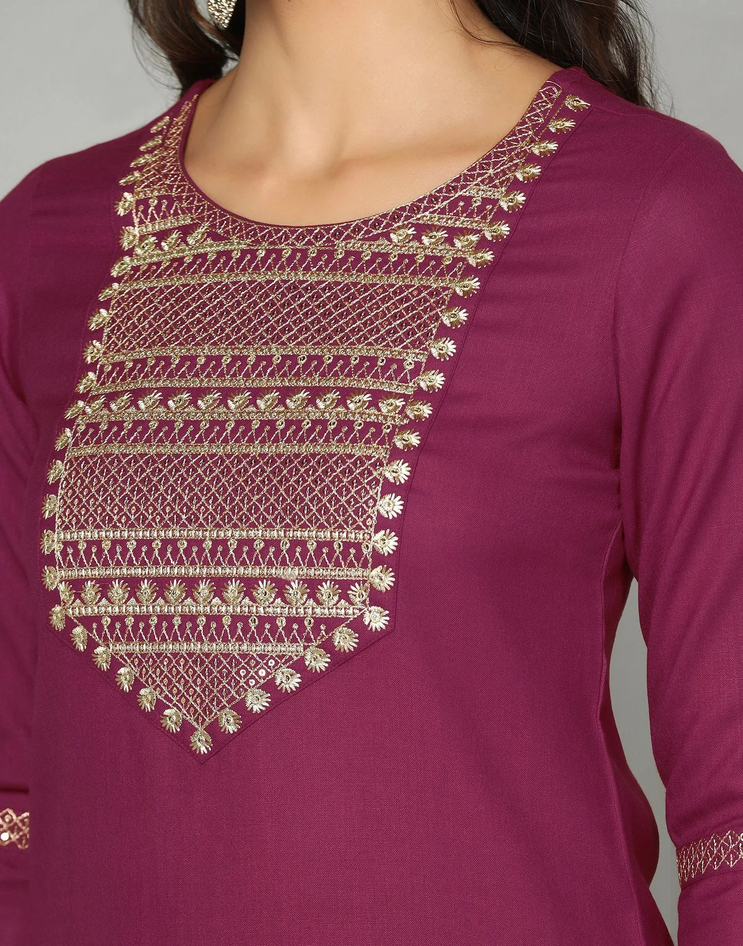 Maroon Cotton Embroidery Straight Kurti With Pant And Dupatta