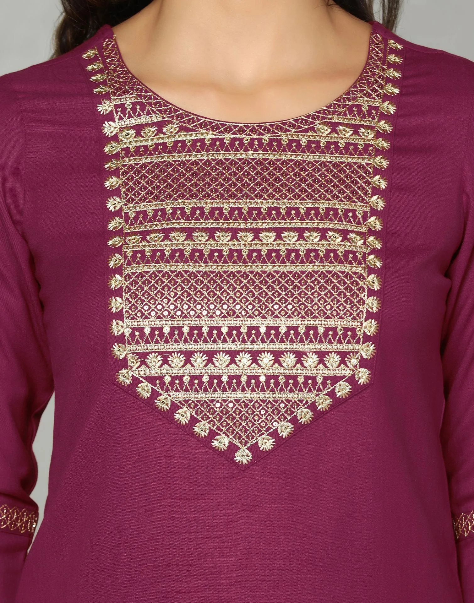 Maroon Cotton Embroidery Straight Kurti With Pant And Dupatta