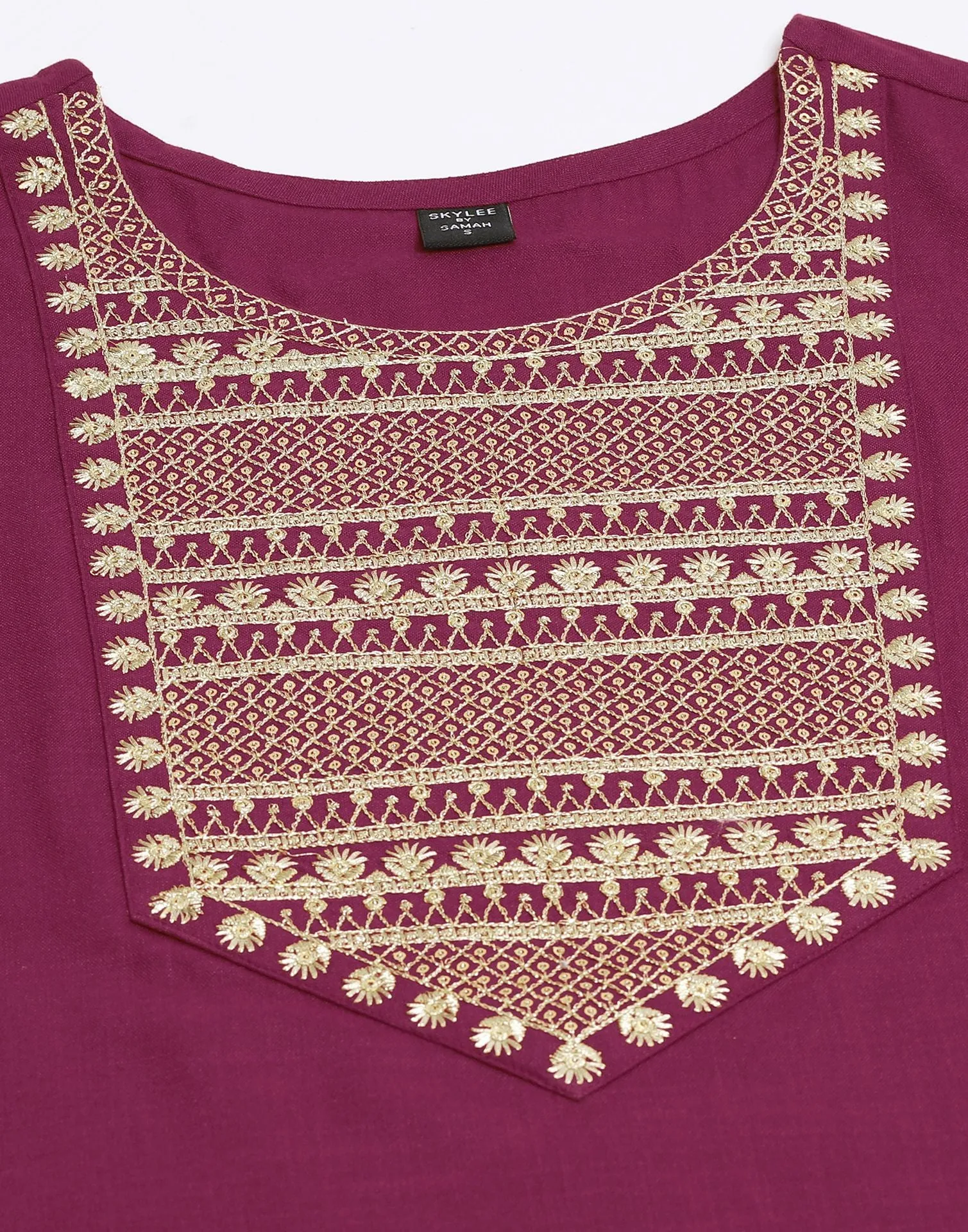 Maroon Cotton Embroidery Straight Kurti With Pant And Dupatta