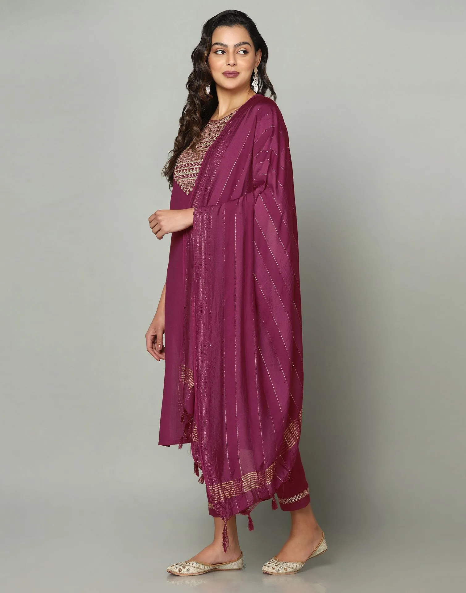 Maroon Cotton Embroidery Straight Kurti With Pant And Dupatta