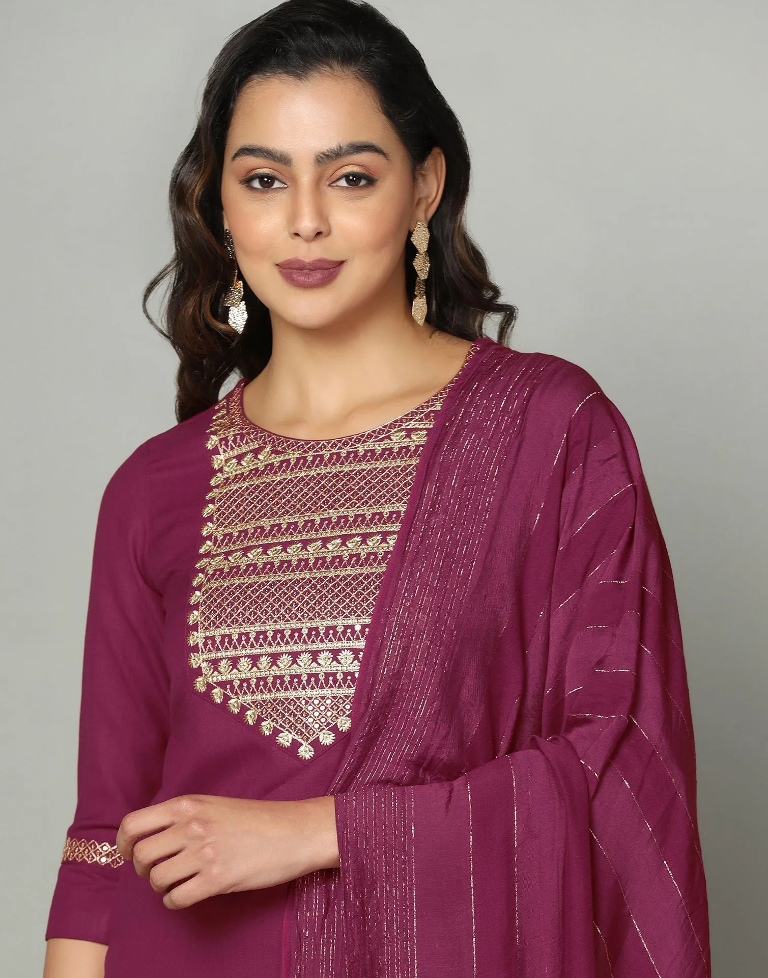 Maroon Cotton Embroidery Straight Kurti With Pant And Dupatta