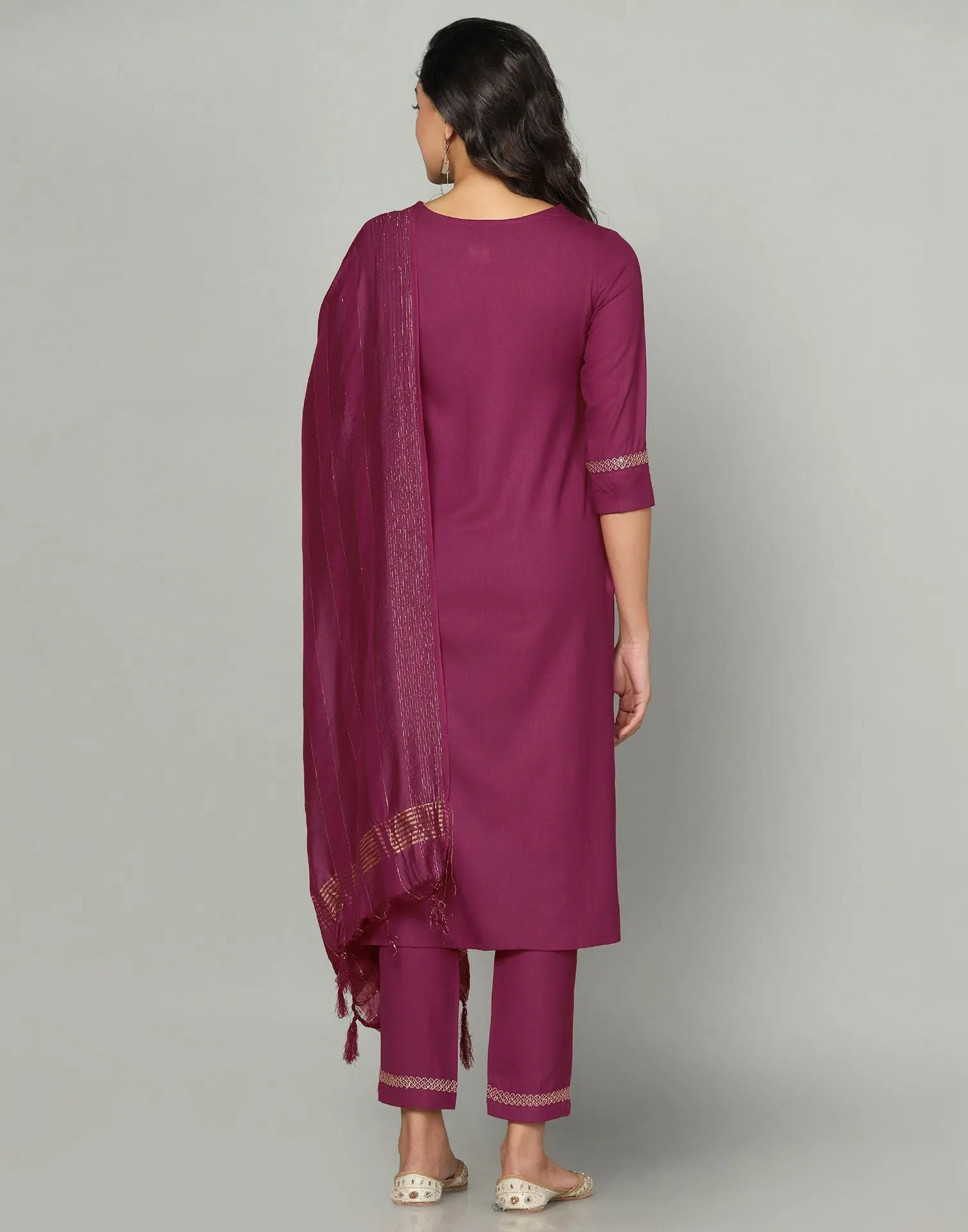 Maroon Cotton Embroidery Straight Kurti With Pant And Dupatta