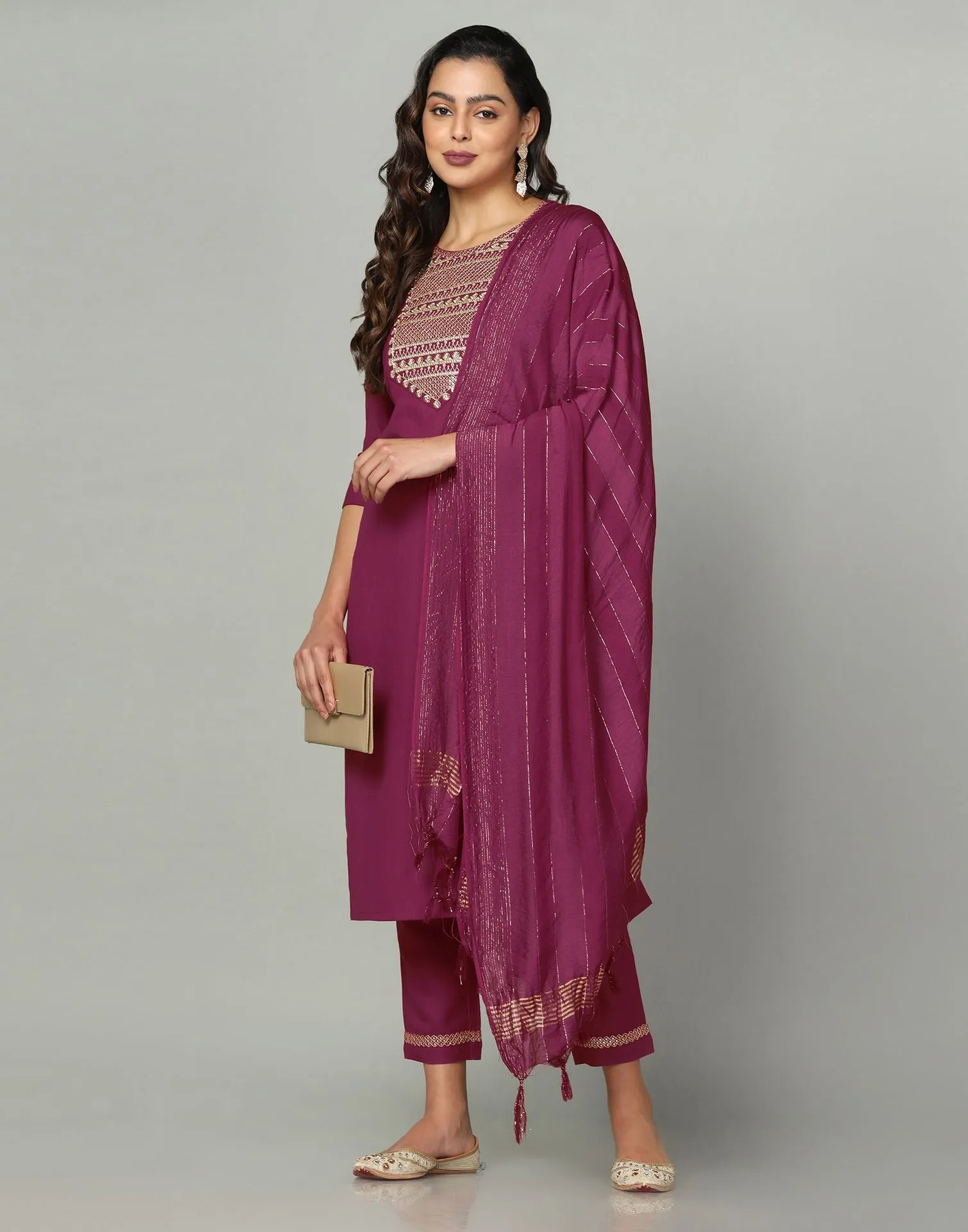 Maroon Cotton Embroidery Straight Kurti With Pant And Dupatta