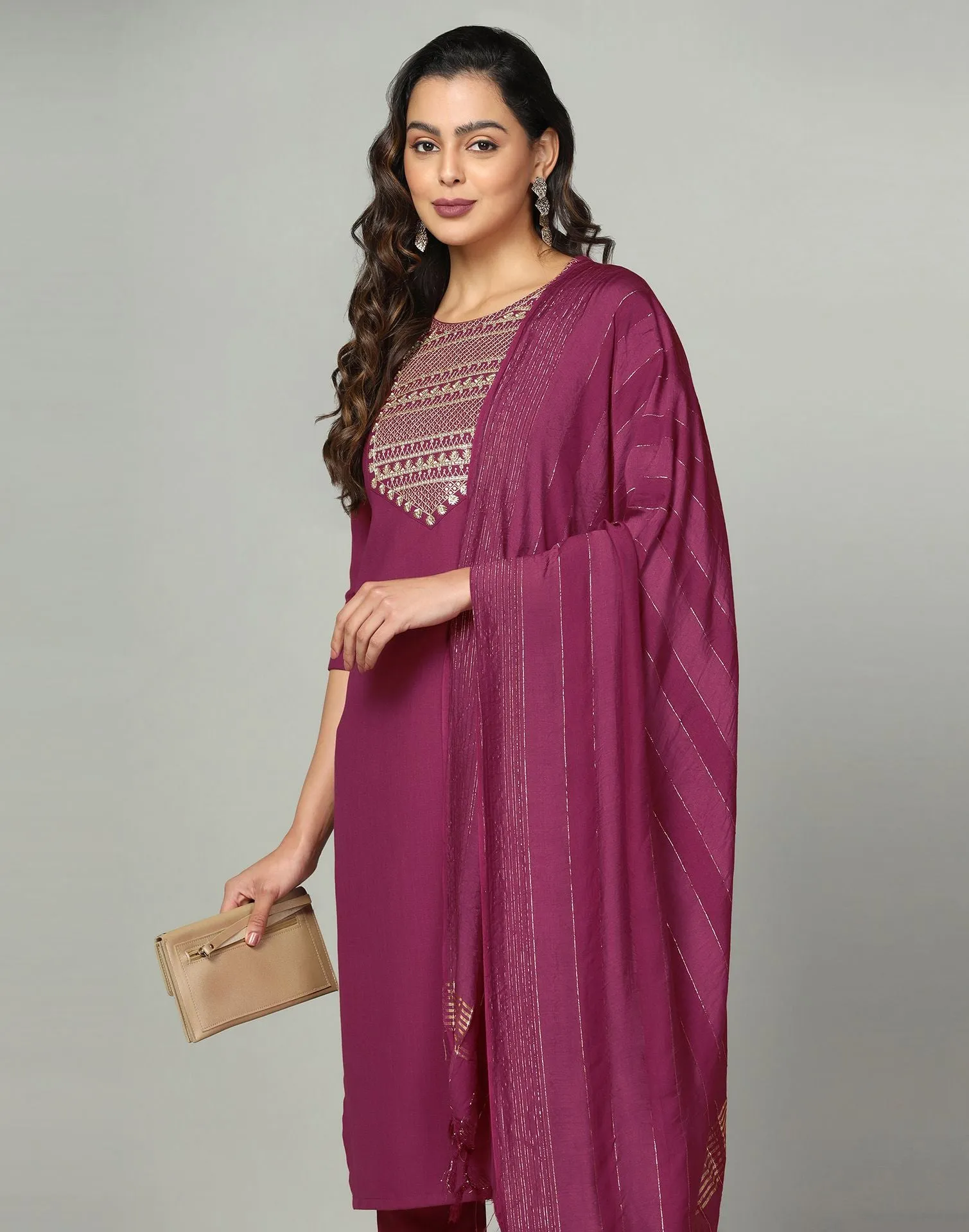 Maroon Cotton Embroidery Straight Kurti With Pant And Dupatta