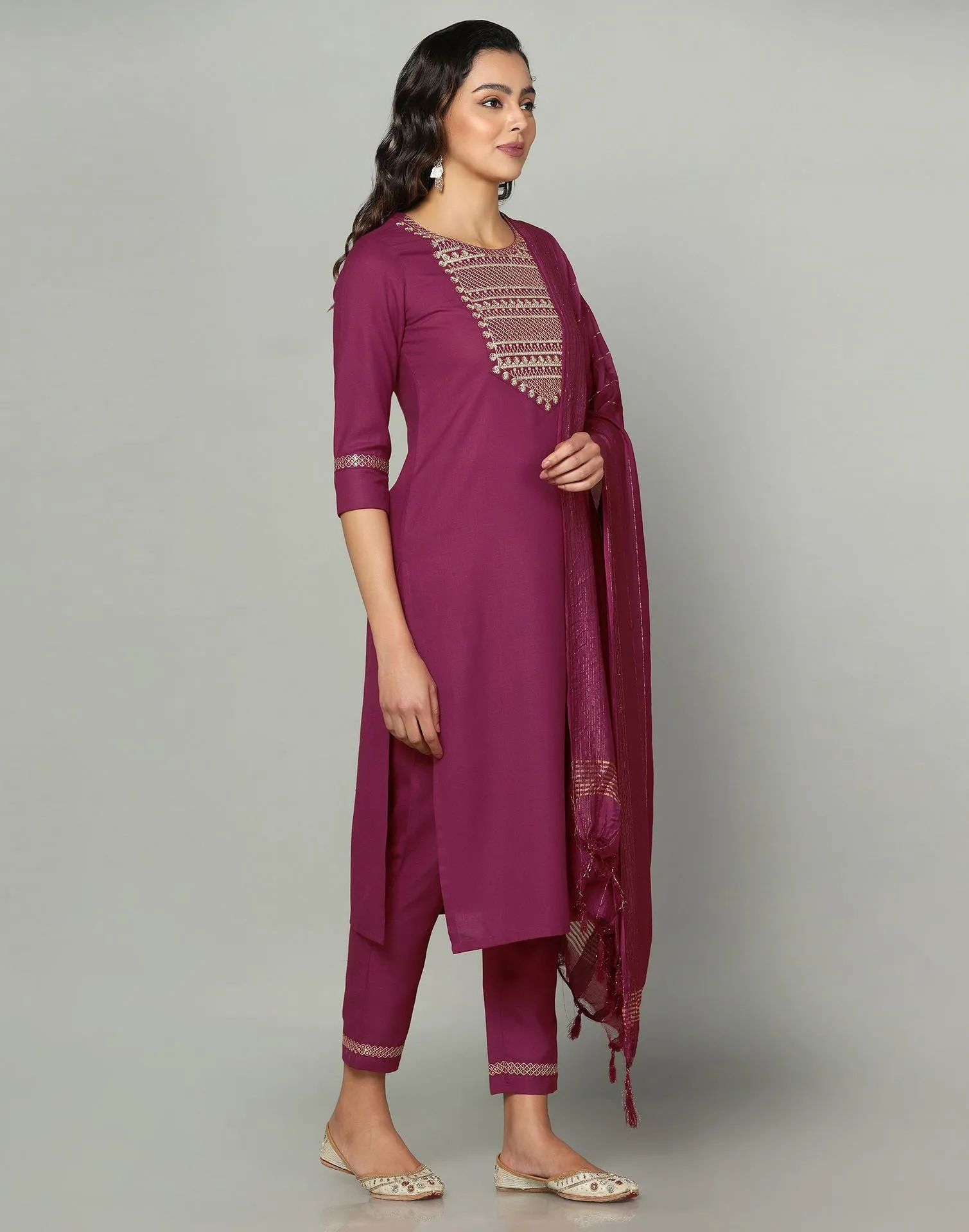 Maroon Cotton Embroidery Straight Kurti With Pant And Dupatta