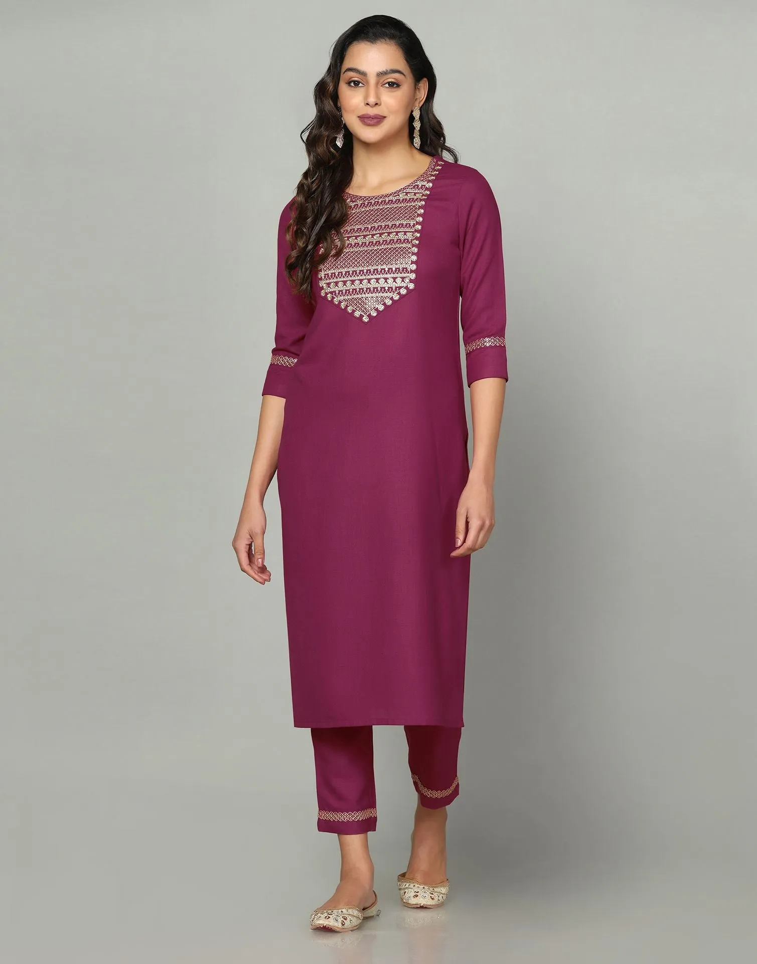 Maroon Cotton Embroidery Straight Kurti With Pant And Dupatta