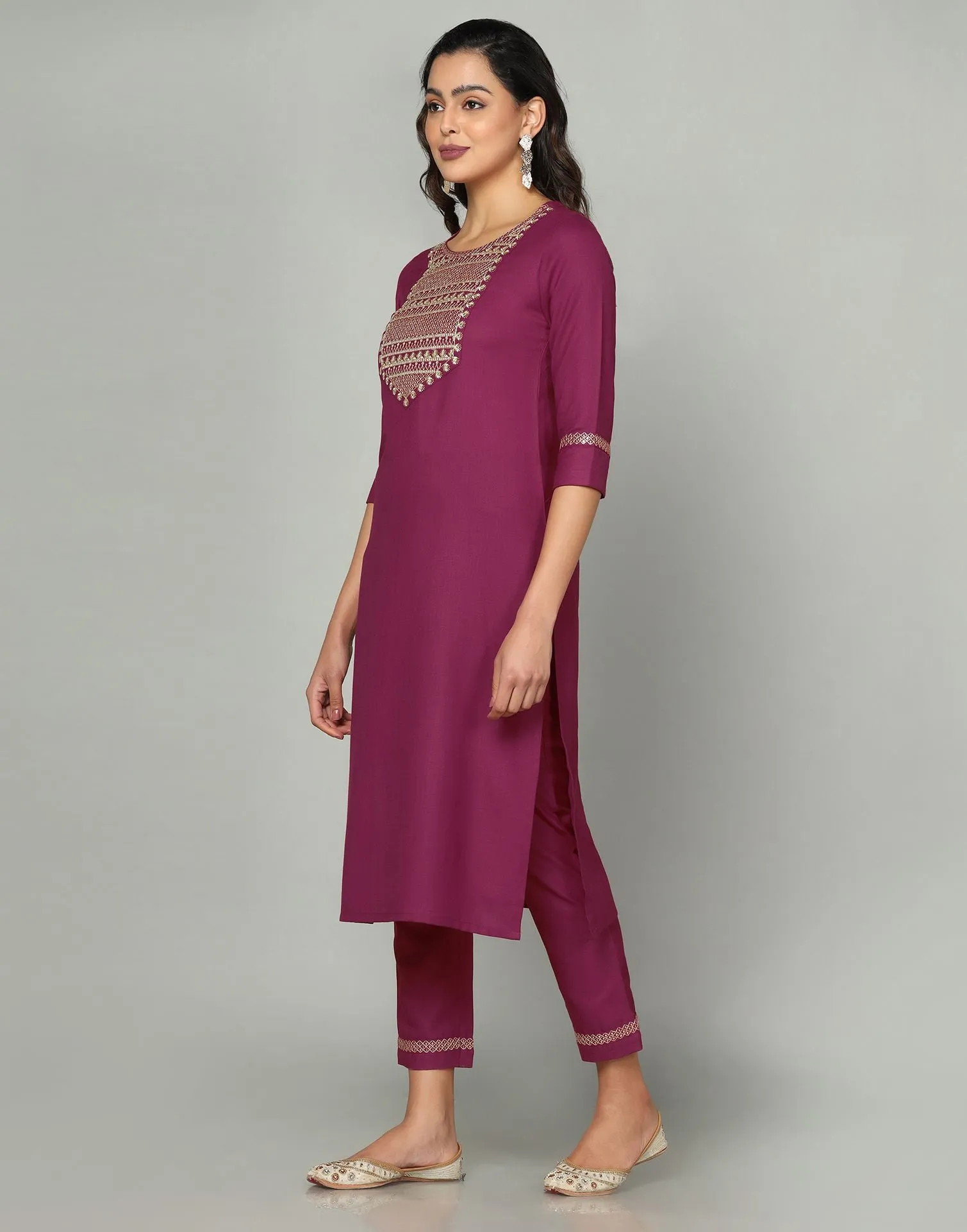 Maroon Cotton Embroidery Straight Kurti With Pant And Dupatta