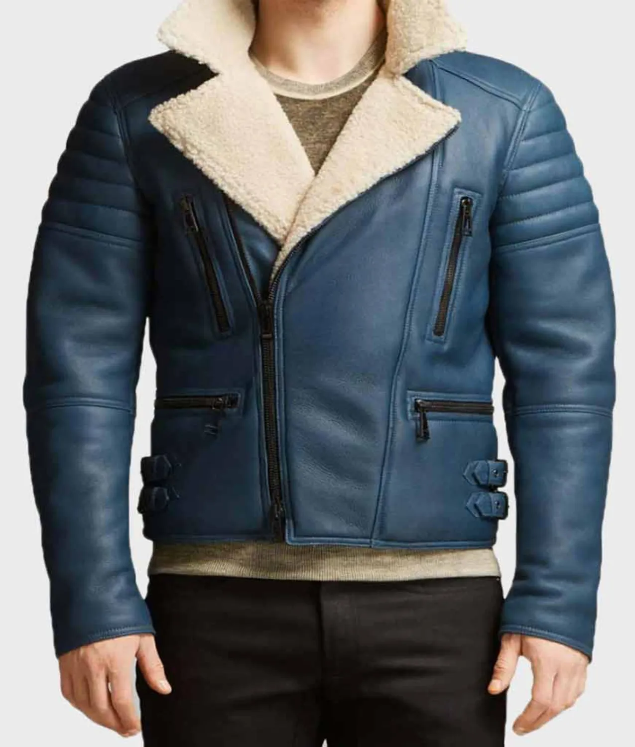 Men’s Blue Shearling Leather Jacket | Mens Biker Jacket