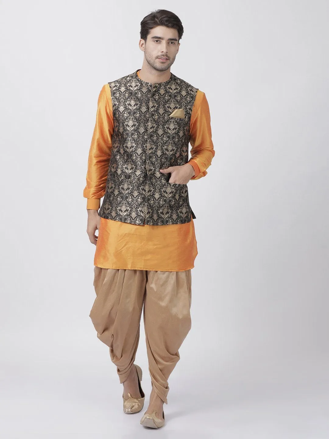 Men's Orange Cotton Silk Blend Kurta, Ethnic Jacket and Dhoti Pant Set