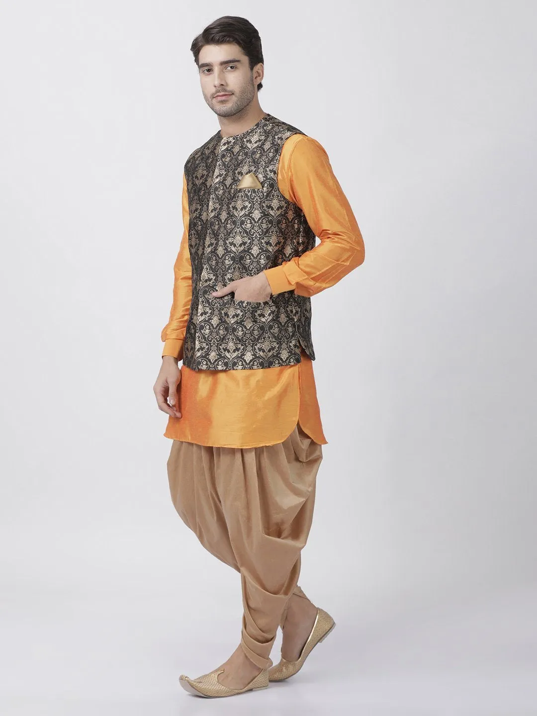 Men's Orange Cotton Silk Blend Kurta, Ethnic Jacket and Dhoti Pant Set