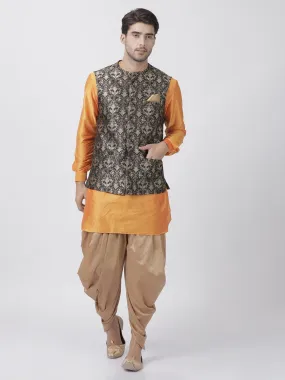 Men's Orange Cotton Silk Blend Kurta, Ethnic Jacket and Dhoti Pant Set