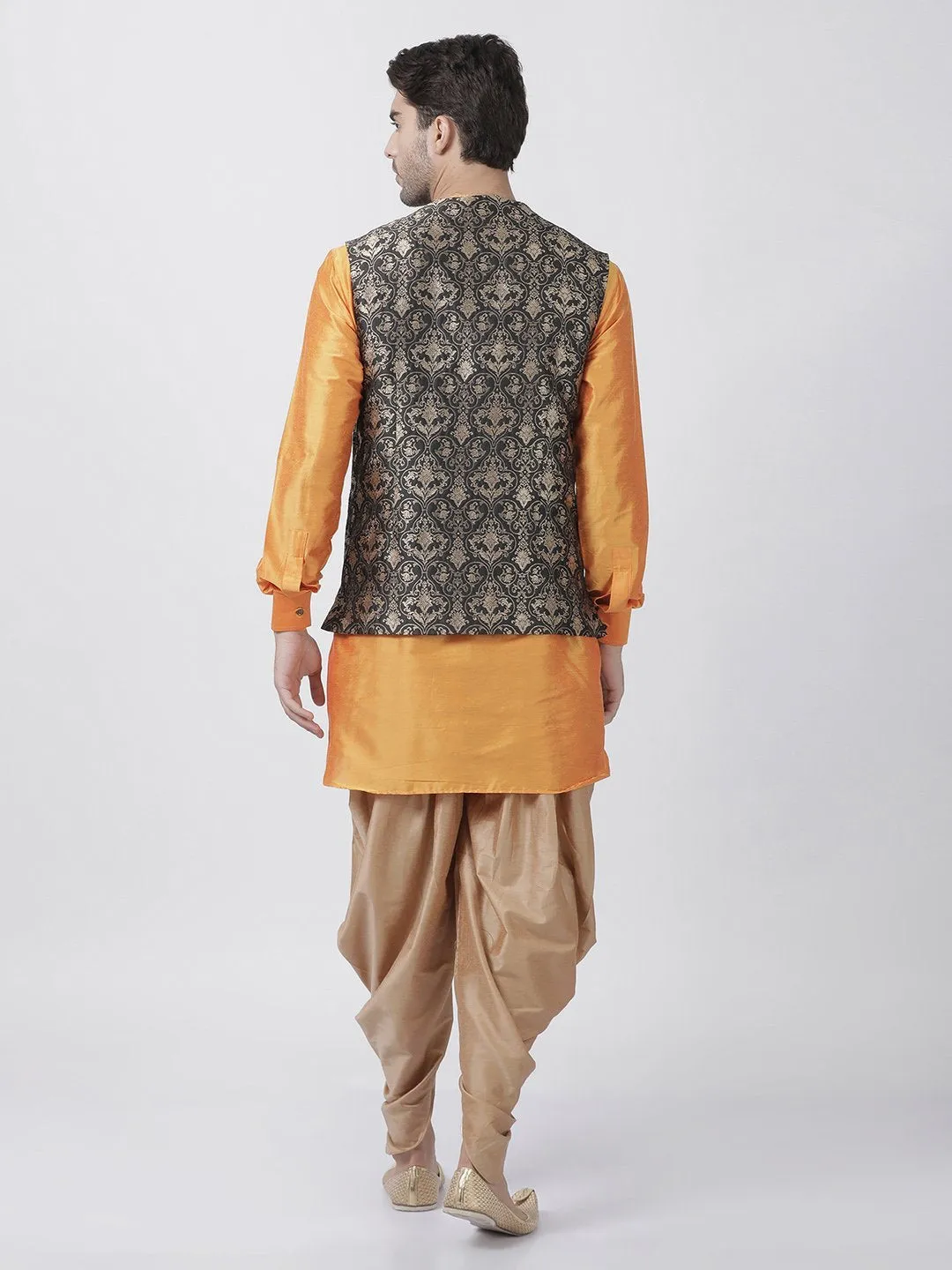 Men's Orange Cotton Silk Blend Kurta, Ethnic Jacket and Dhoti Pant Set