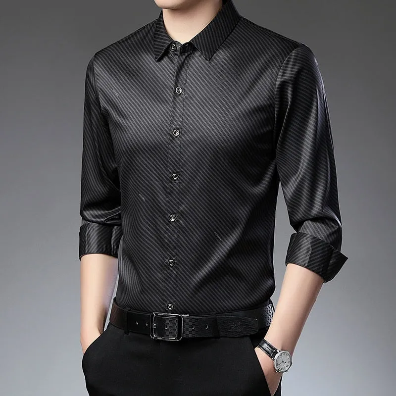 Men's Square Collar Striped Pattern Casual Style Long Sleeve Shirt