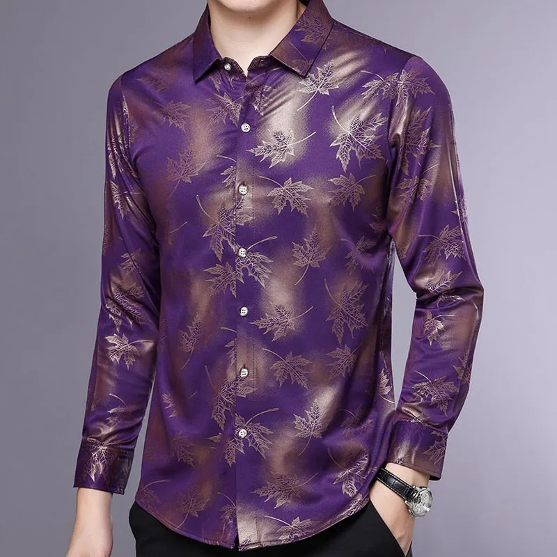 Men's Vintage Fashion Square Collar Maple Leaf Printed Long Sleeve Shirt