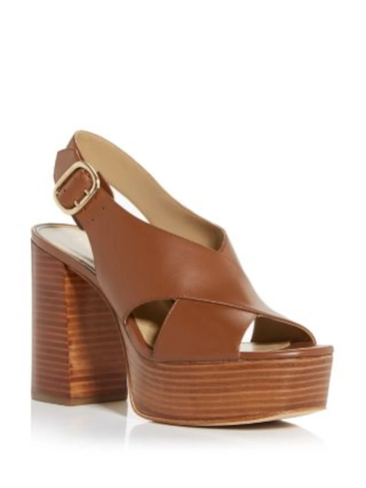 MICHAEL MICHAEL KORS Womens Brown 2 Platformcrisscross Straps Padded Isla Open Toe Block Heel Buckle Leather Slingback Sandal