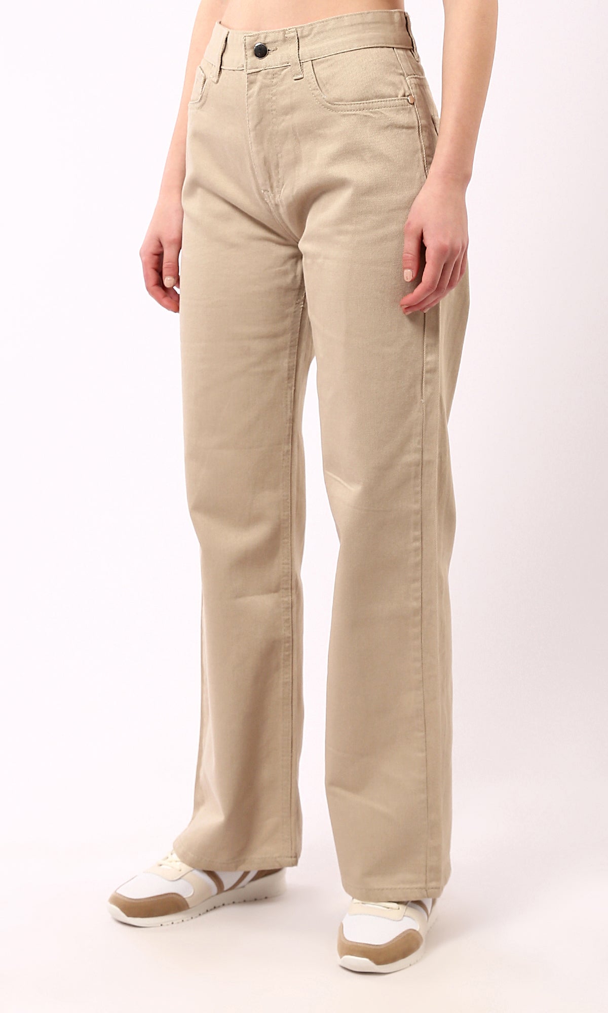 O189385 Beige Wide-Leg Casual Jeans With Pockets