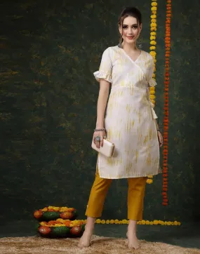 Off White Cotton Kurti With Pant Set