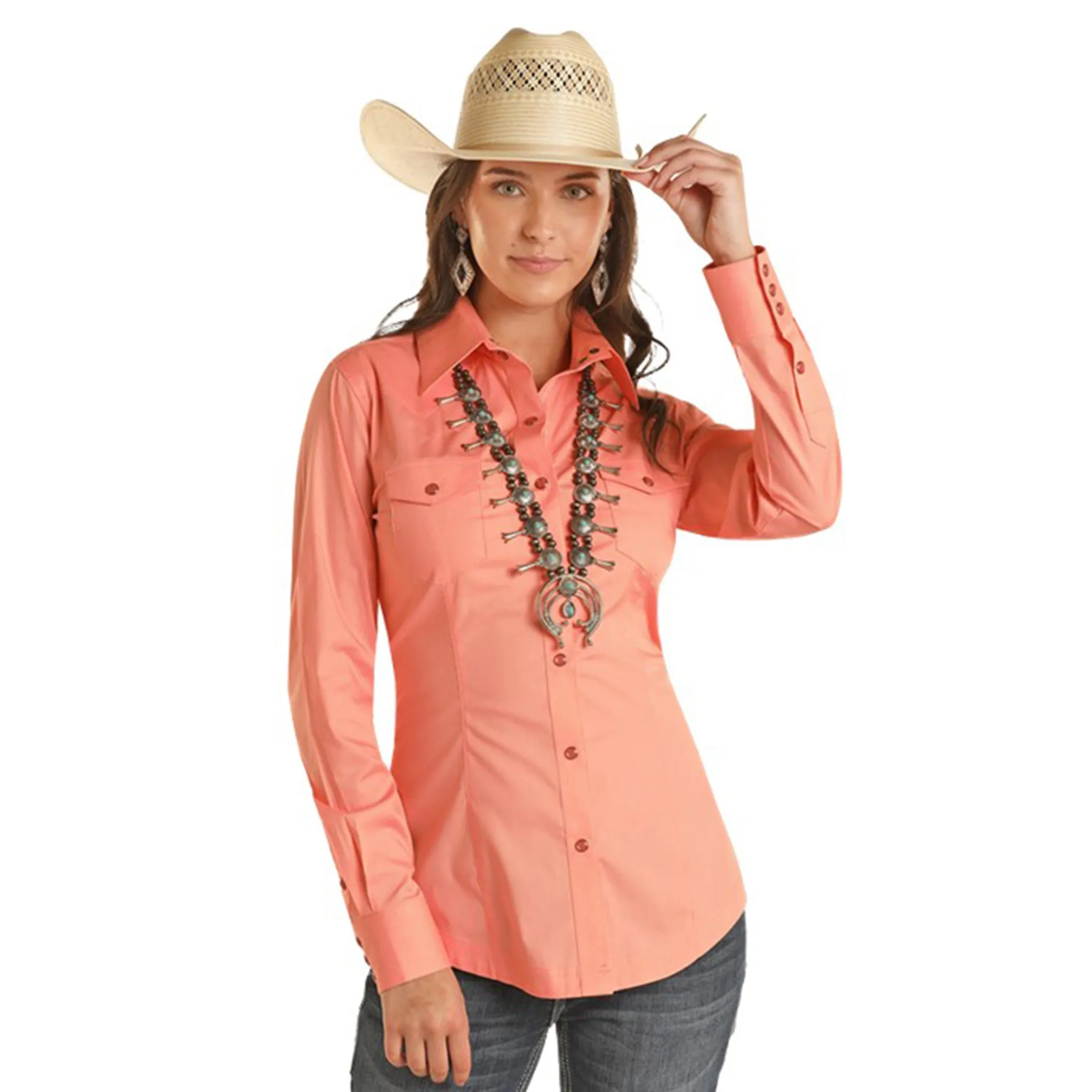 Panhandle Woman's Solid Poplin Melon Long Sleeve