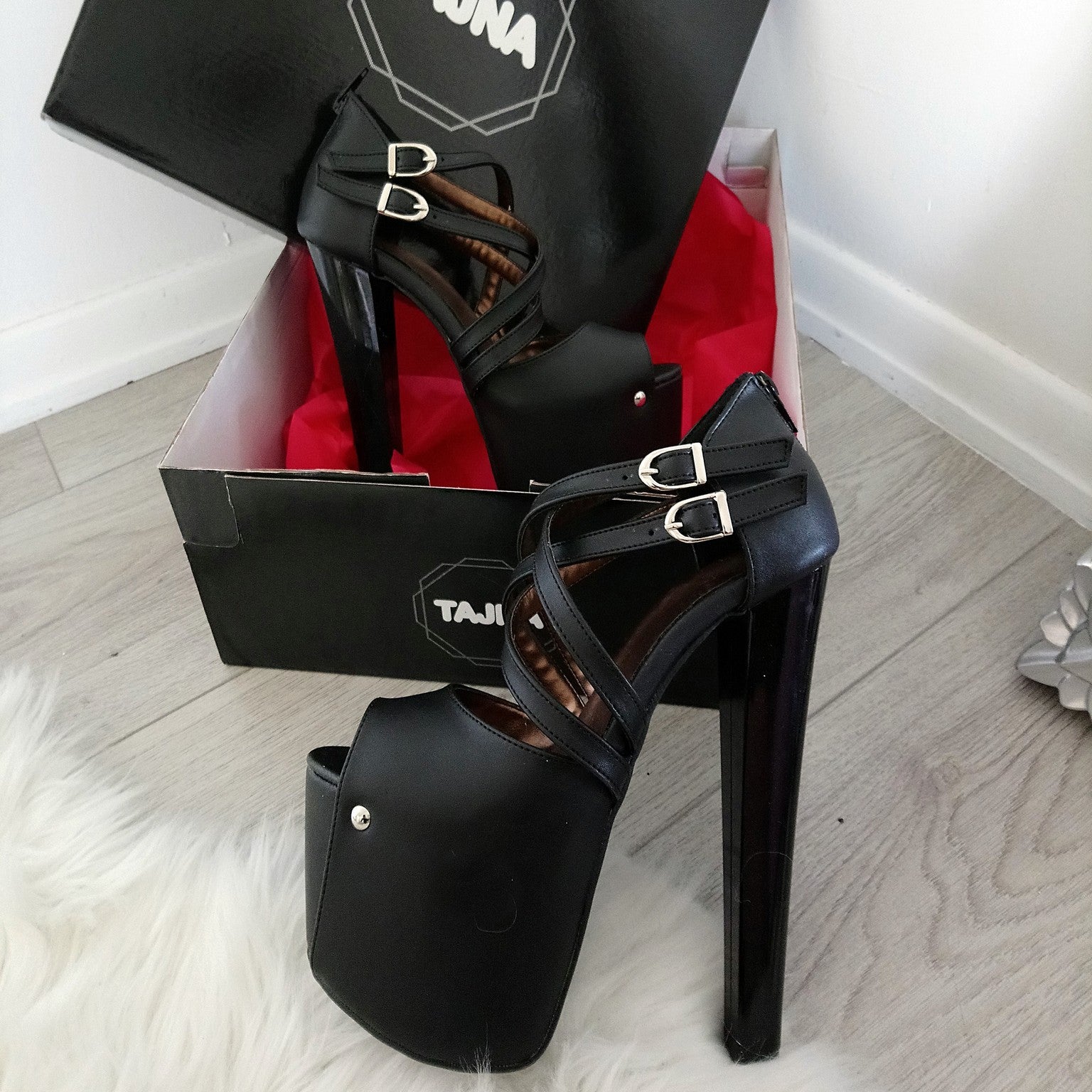 Peep Toe Cross Strap Black High Heel Platforms