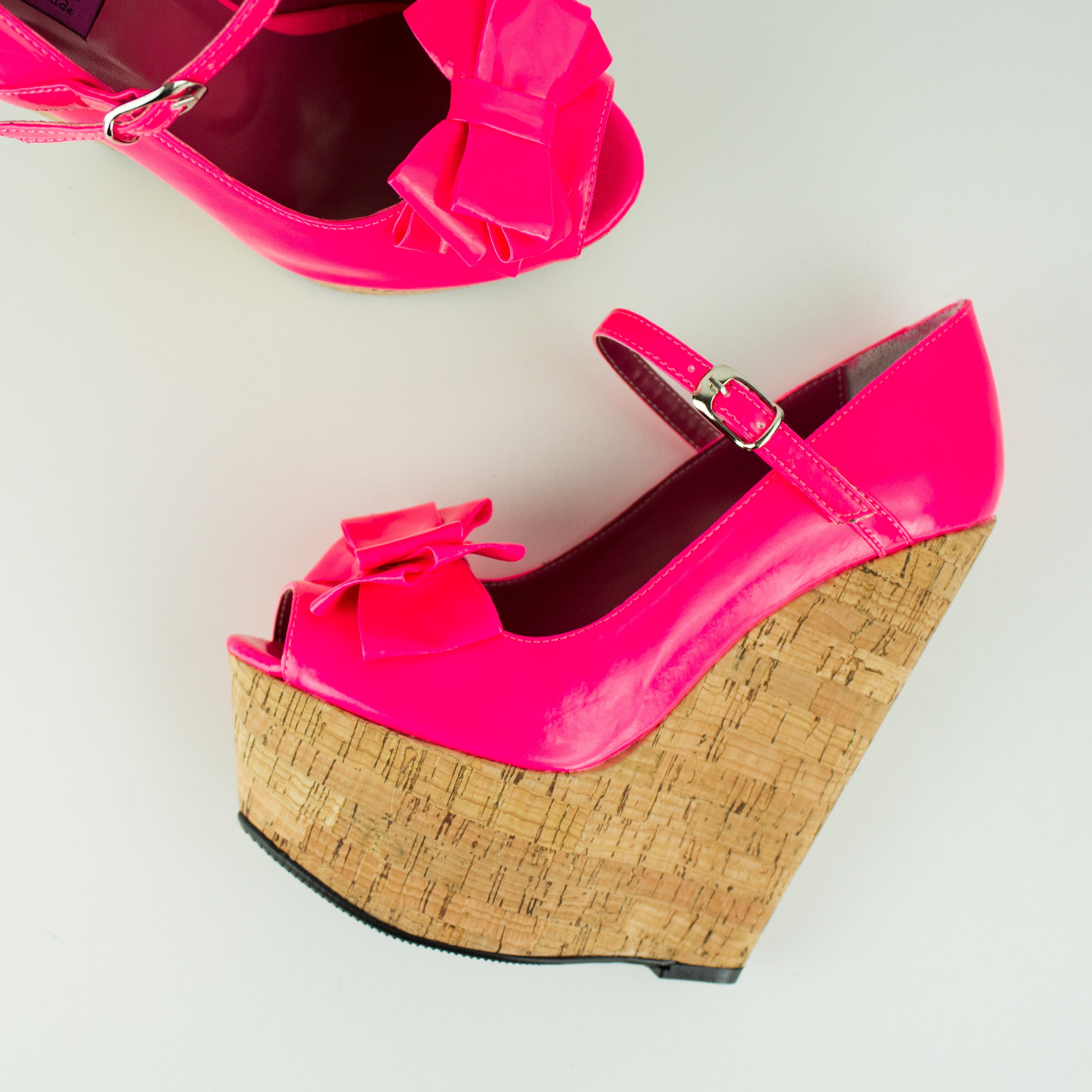 Peep Toe Pink Ribbon Detail Cork Wedges