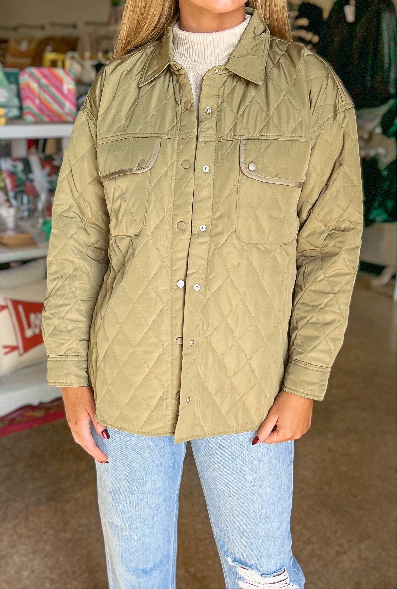 QUILTED JACKET WITH POCKETS - DUSTY OLIVE