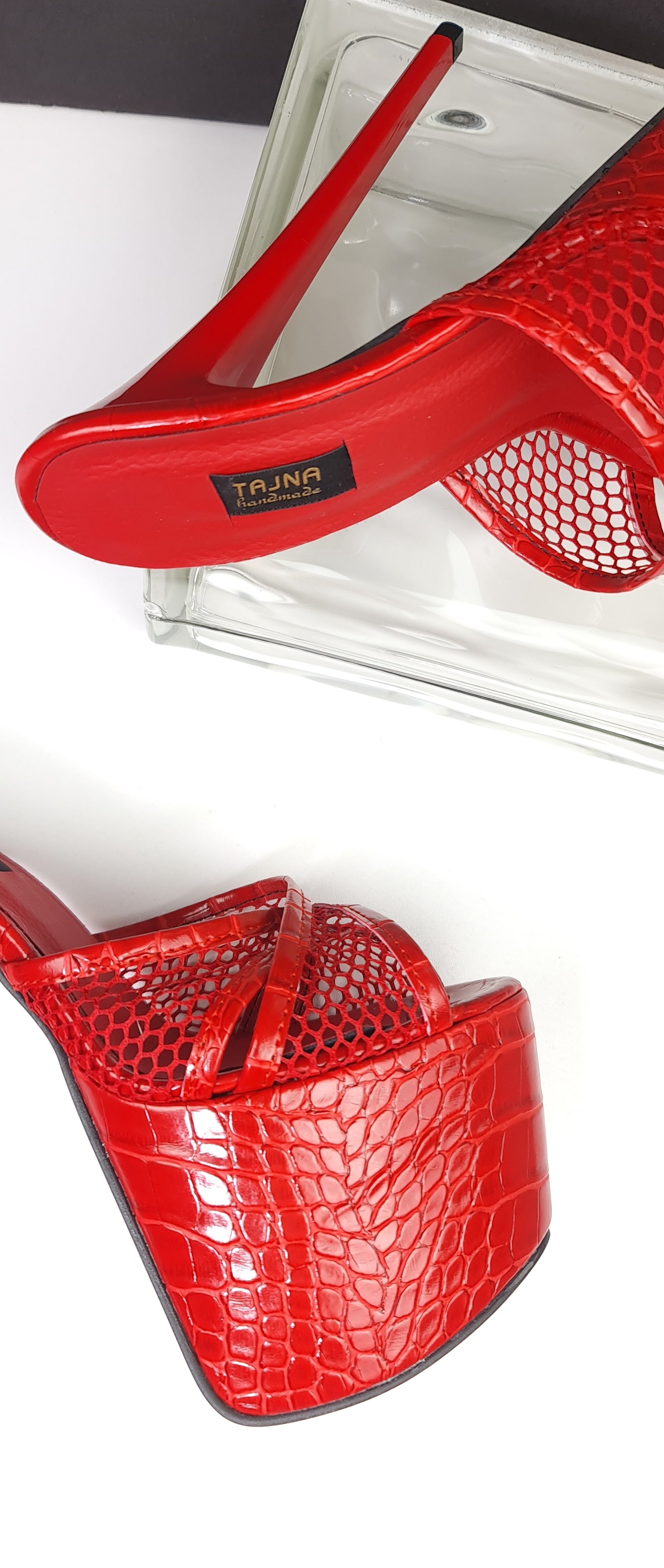 Red Croco Fishnet Strap High Heel Mules