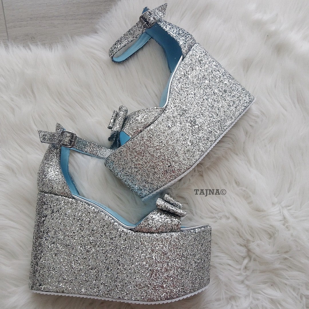 Ribbon Strap Silver High Heel Wedges