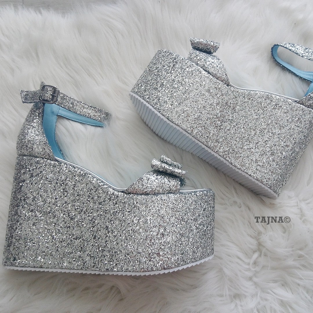 Ribbon Strap Silver High Heel Wedges