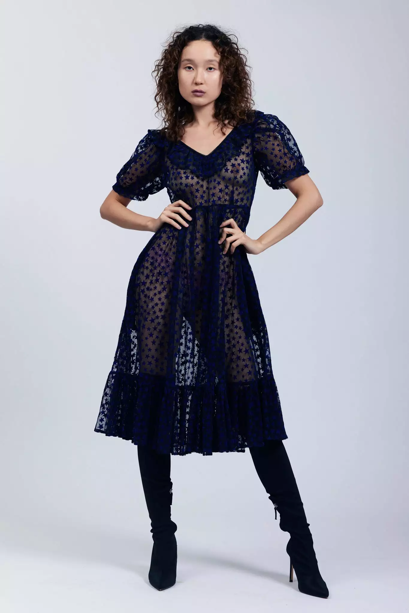 Ruffle May Dress in Midnight Blue Flocked Star